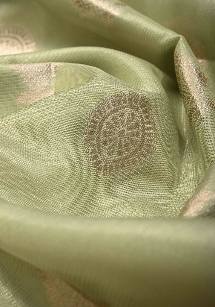 Pista Green Kanjivaram Tissue Semi Silk Saree with Zari Buttas and Contrast Zari Border