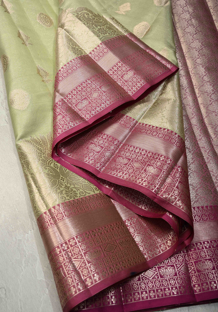Pista Green Kanjivaram Tissue Semi Silk Saree with Zari Buttas and Contrast Zari Border