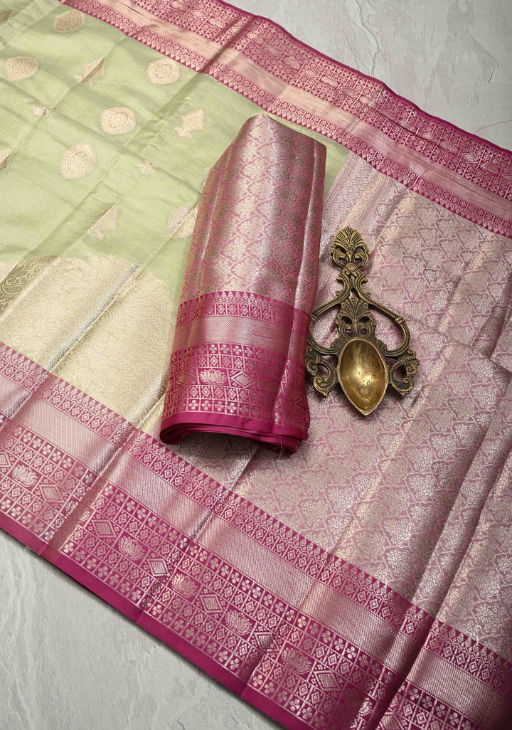 Pista Green Kanjivaram Tissue Semi Silk Saree with Zari Buttas and Contrast Zari Border