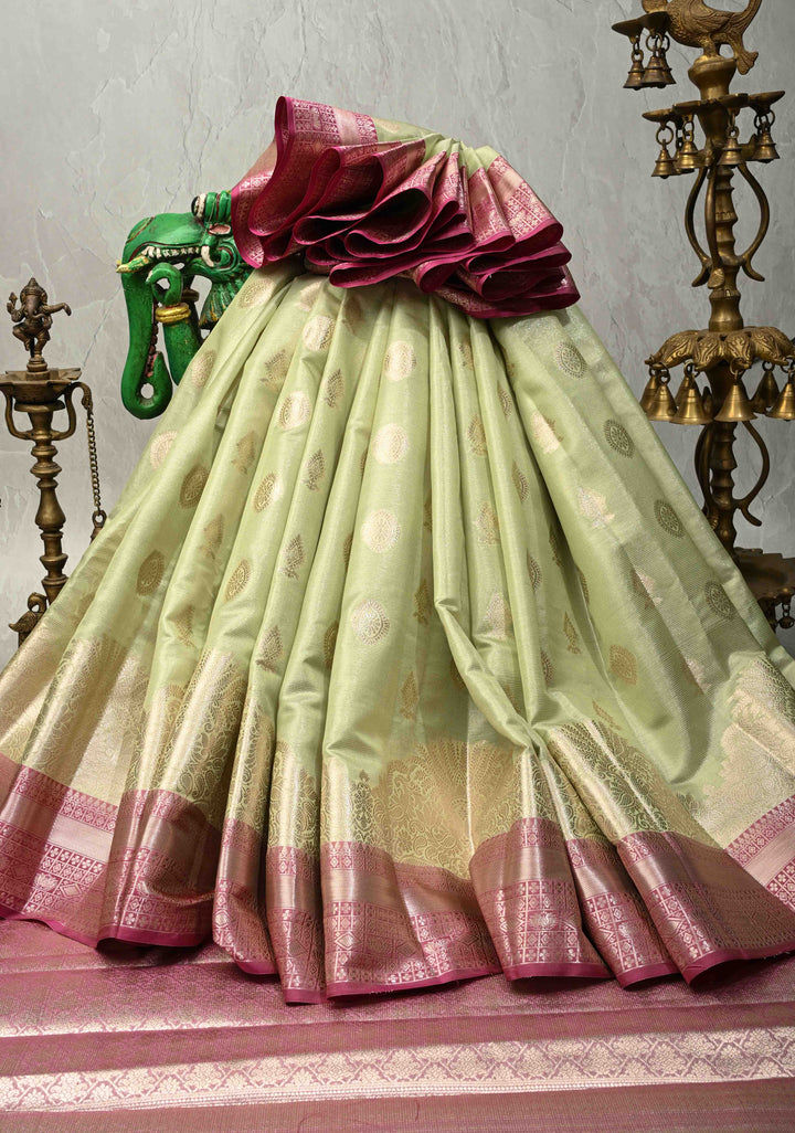 Pista Green Kanjivaram Tissue Semi Silk Saree with Zari Buttas and Contrast Zari Border