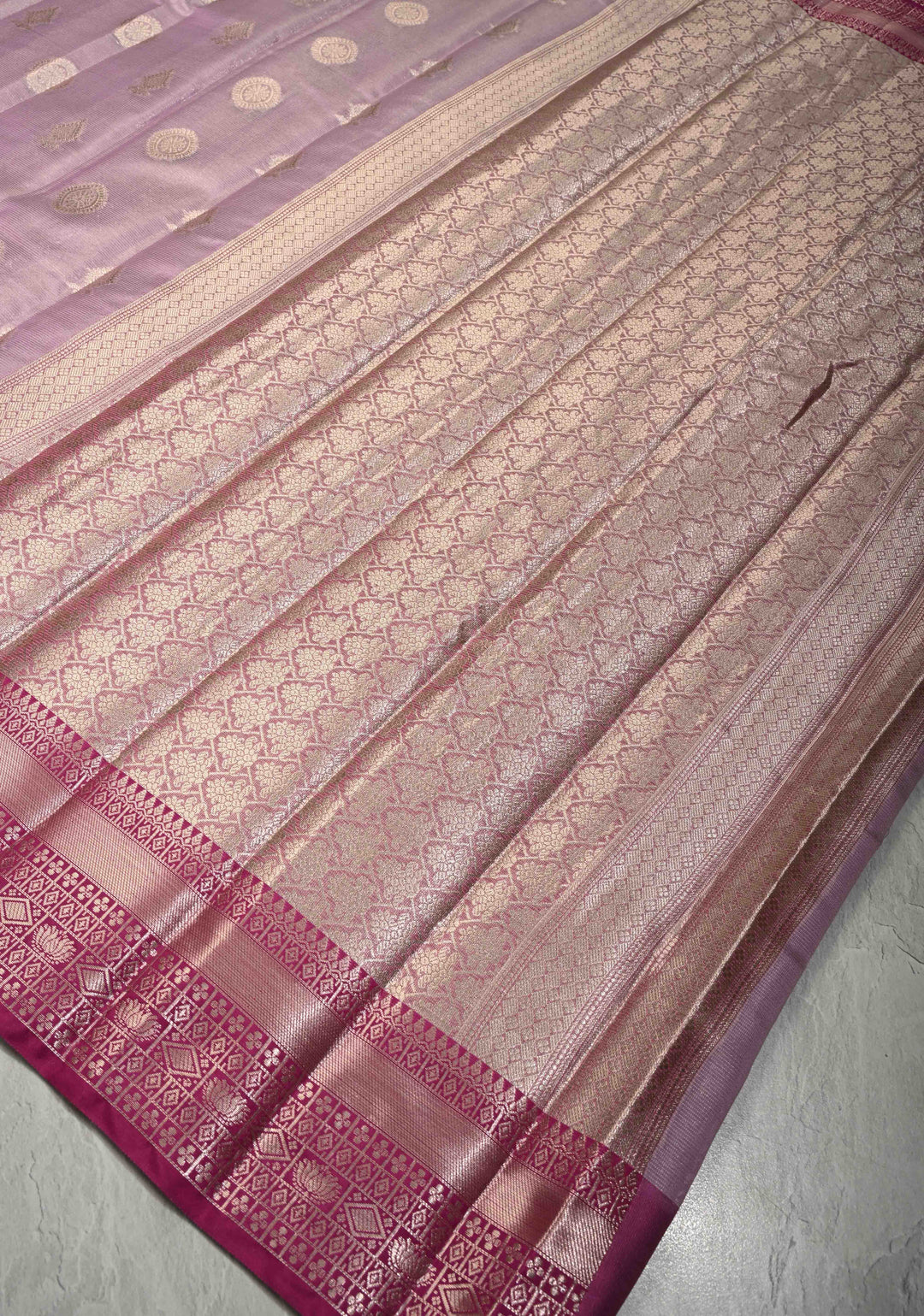 Lilac Kanjivaram Tissue Semi Silk Saree with Zari Buttas and Contrast Zari Border