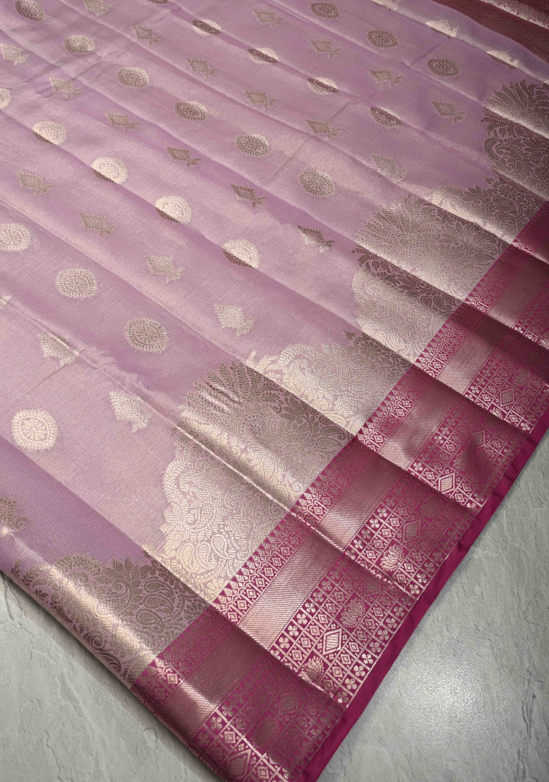 Lilac Kanjivaram Tissue Semi Silk Saree with Zari Buttas and Contrast Zari Border