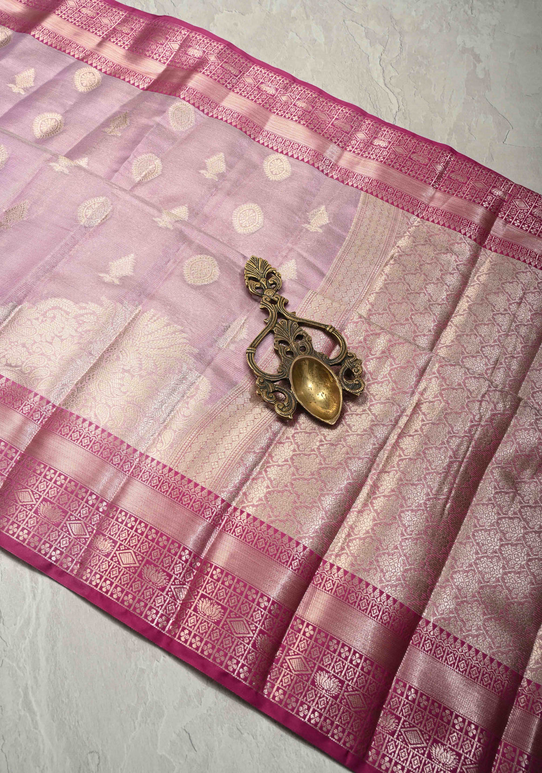 Lilac Kanjivaram Tissue Semi Silk Saree with Zari Buttas and Contrast Zari Border