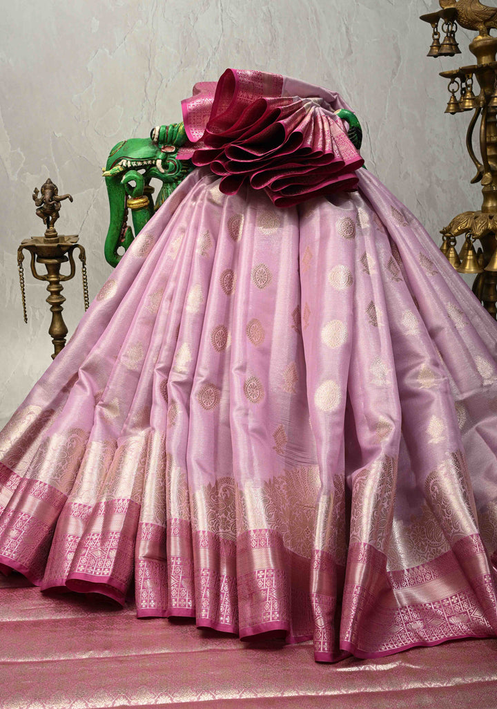 Lilac Kanjivaram Tissue Semi Silk Saree with Zari Buttas and Contrast Zari Border