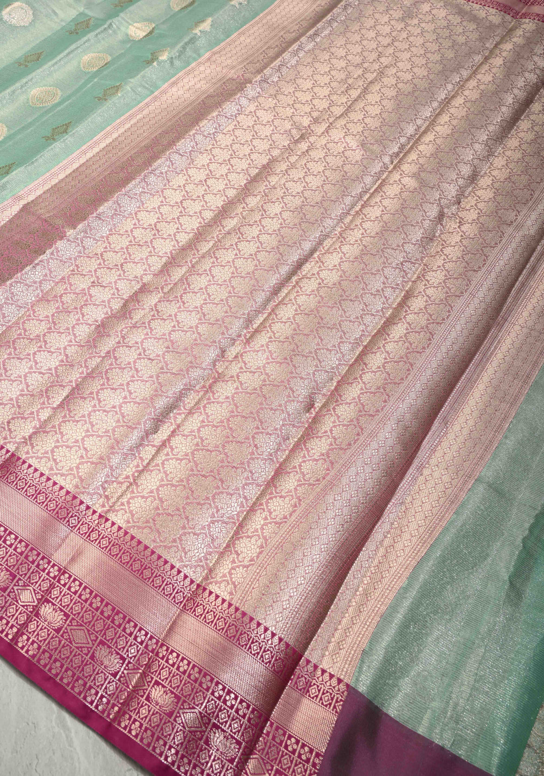 Seafoam Green  Kanjivaram Tissue Semi Silk Saree with Zari Buttas and Contrast Zari Border