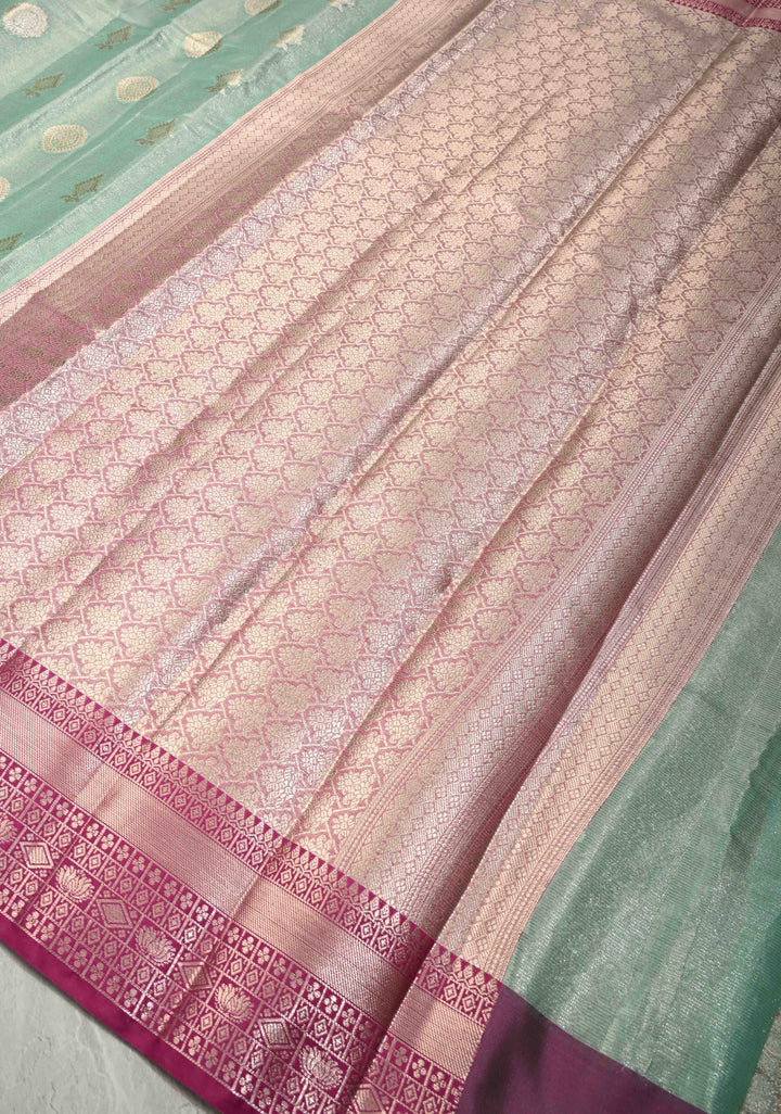 Seafoam Green  Kanjivaram Tissue Semi Silk Saree with Zari Buttas and Contrast Zari Border