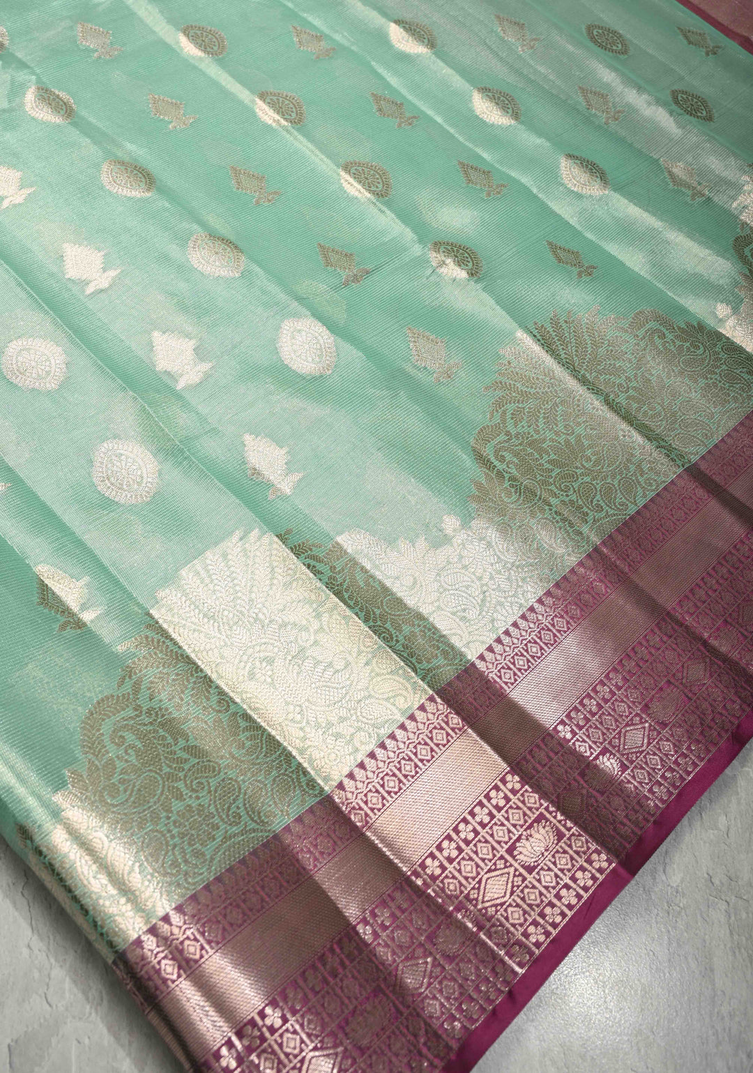 Seafoam Green  Kanjivaram Tissue Semi Silk Saree with Zari Buttas and Contrast Zari Border
