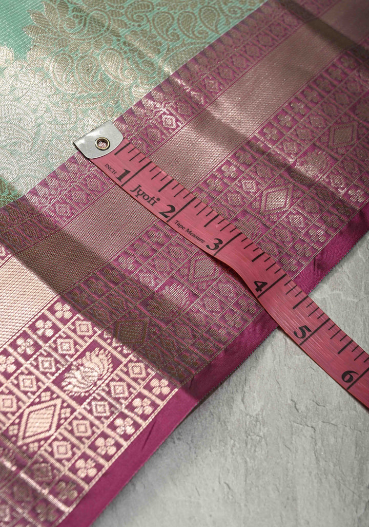 Seafoam Green  Kanjivaram Tissue Semi Silk Saree with Zari Buttas and Contrast Zari Border