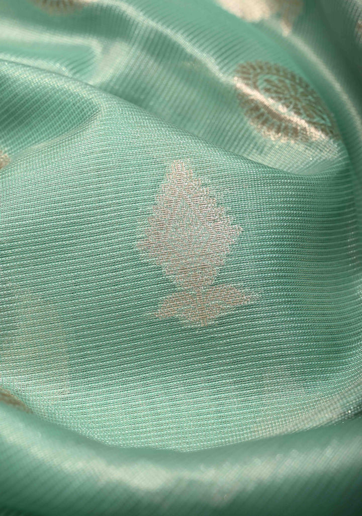 Seafoam Green  Kanjivaram Tissue Semi Silk Saree with Zari Buttas and Contrast Zari Border