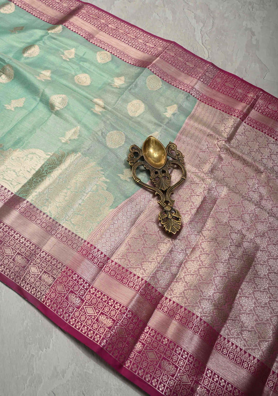 Seafoam Green  Kanjivaram Tissue Semi Silk Saree with Zari Buttas and Contrast Zari Border