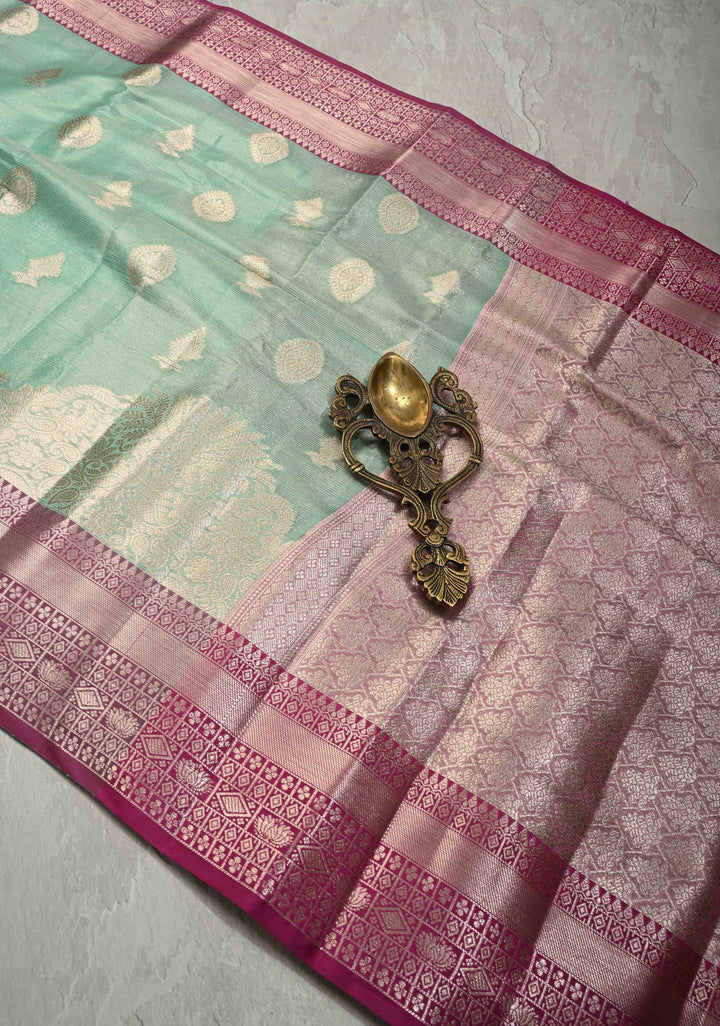 Seafoam Green  Kanjivaram Tissue Semi Silk Saree with Zari Buttas and Contrast Zari Border