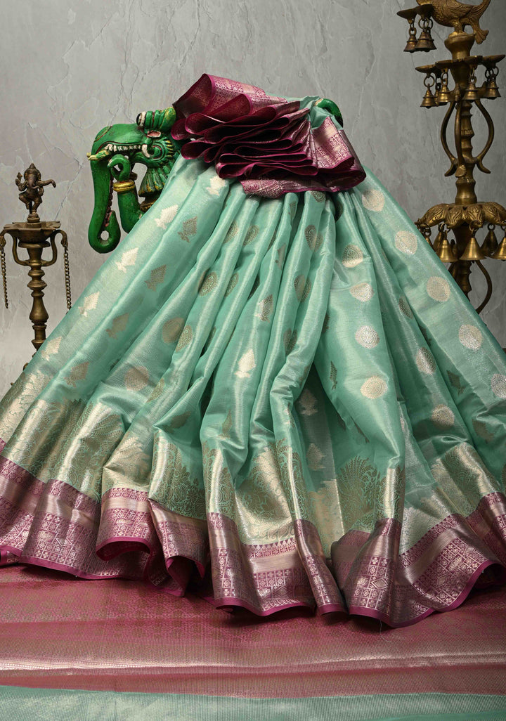 Seafoam Green  Kanjivaram Tissue Semi Silk Saree with Zari Buttas and Contrast Zari Border