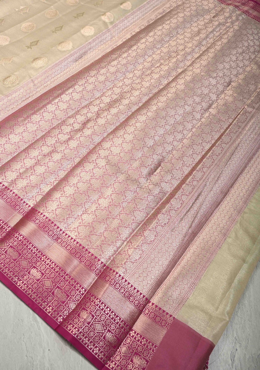 Creamy Green Kanjivaram Tissue Semi Silk Saree with Zari Buttas and Contrast Zari Border