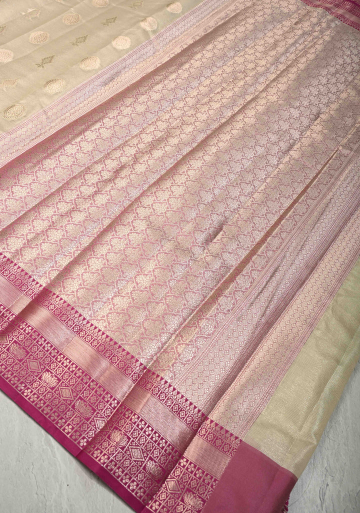 Creamy Green Kanjivaram Tissue Semi Silk Saree with Zari Buttas and Contrast Zari Border