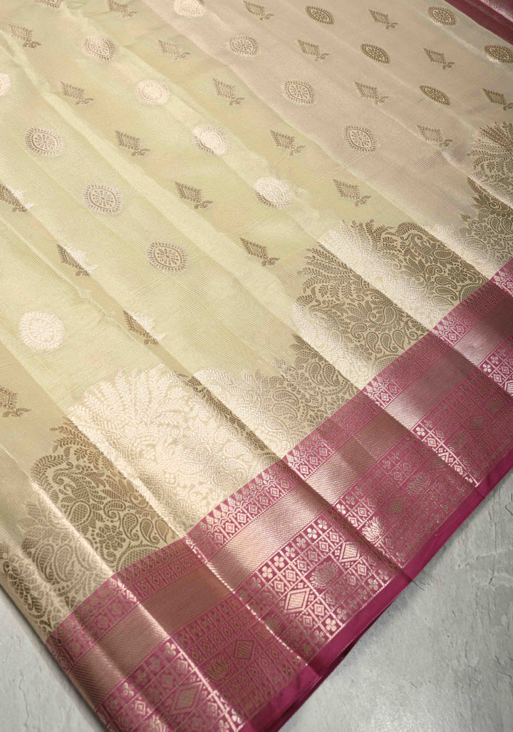 Creamy Green Kanjivaram Tissue Semi Silk Saree with Zari Buttas and Contrast Zari Border