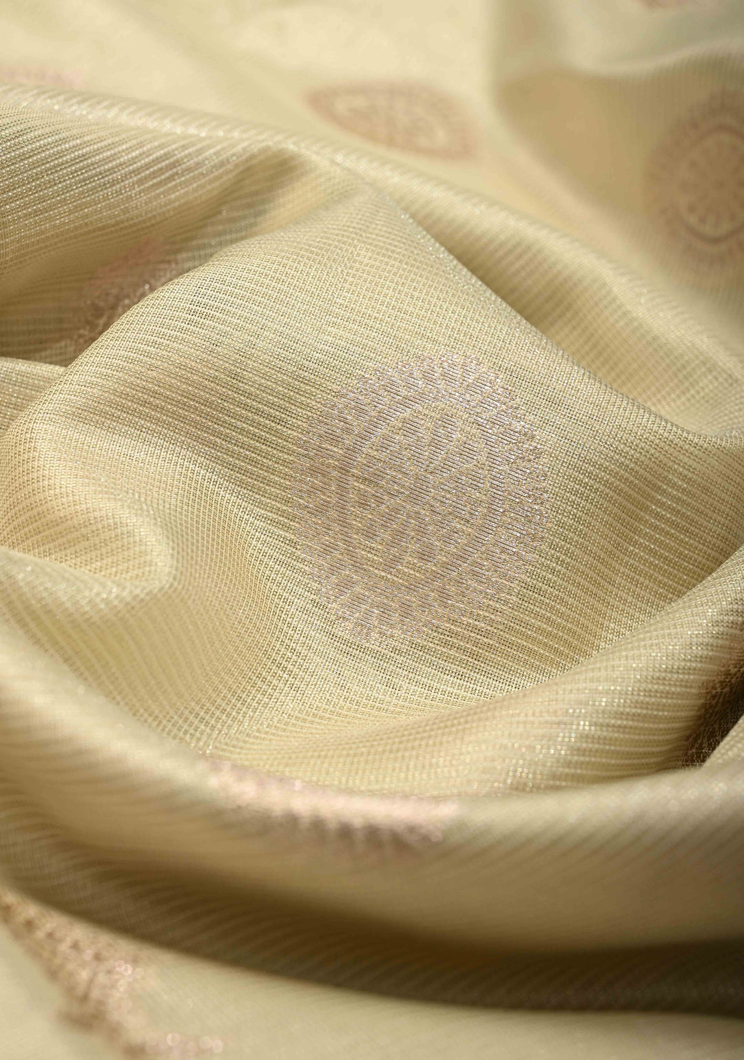 Creamy Green Kanjivaram Tissue Semi Silk Saree with Zari Buttas and Contrast Zari Border