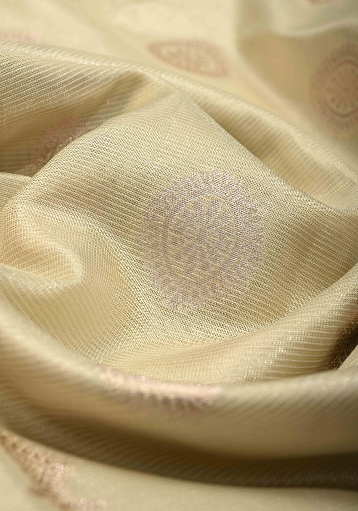 Creamy Green Kanjivaram Tissue Semi Silk Saree with Zari Buttas and Contrast Zari Border