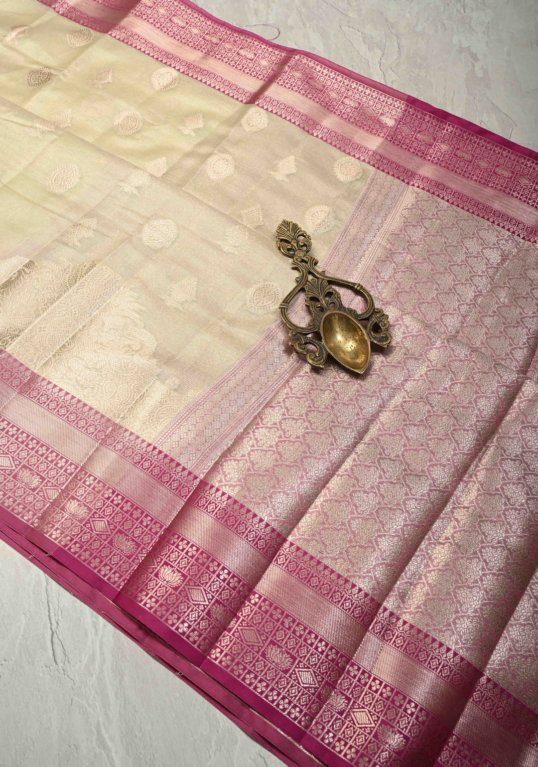 Creamy Green Kanjivaram Tissue Semi Silk Saree with Zari Buttas and Contrast Zari Border