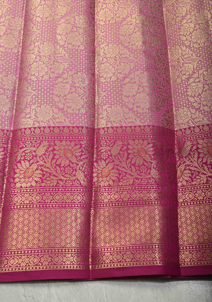Off White Kanjivaram Tissue Semi Silk Saree with Meenakari Paisley Zari Buttas and Contrast Zari Border