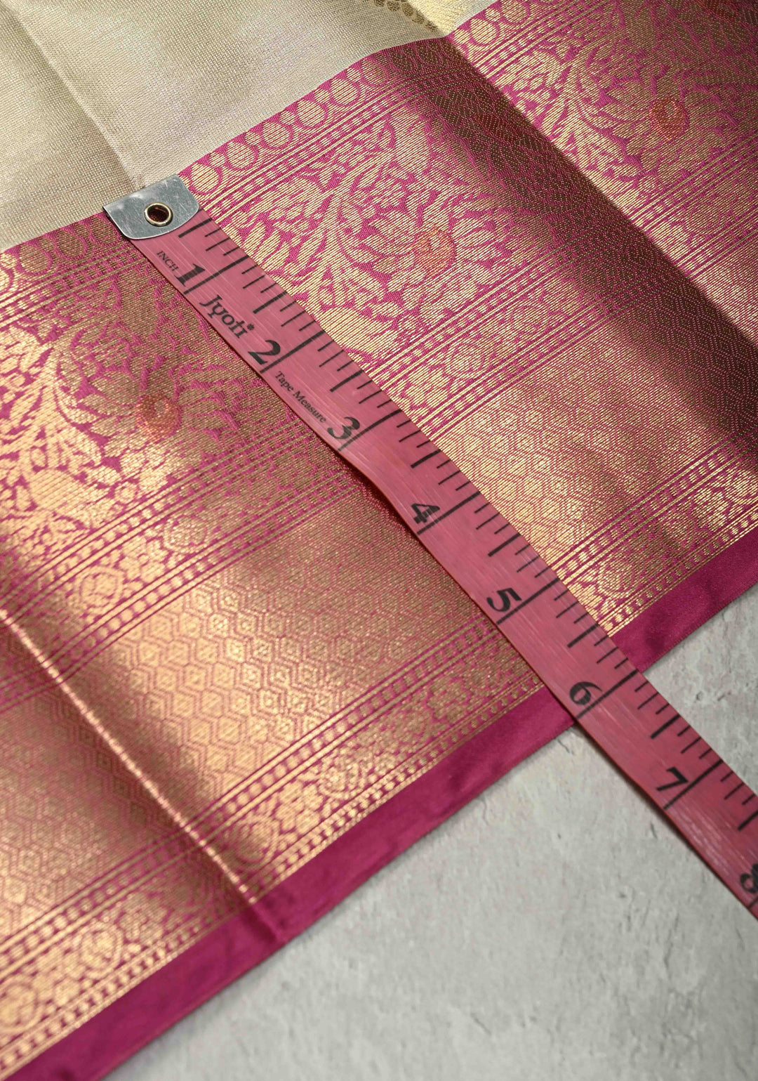Off White Kanjivaram Tissue Semi Silk Saree with Meenakari Paisley Zari Buttas and Contrast Zari Border