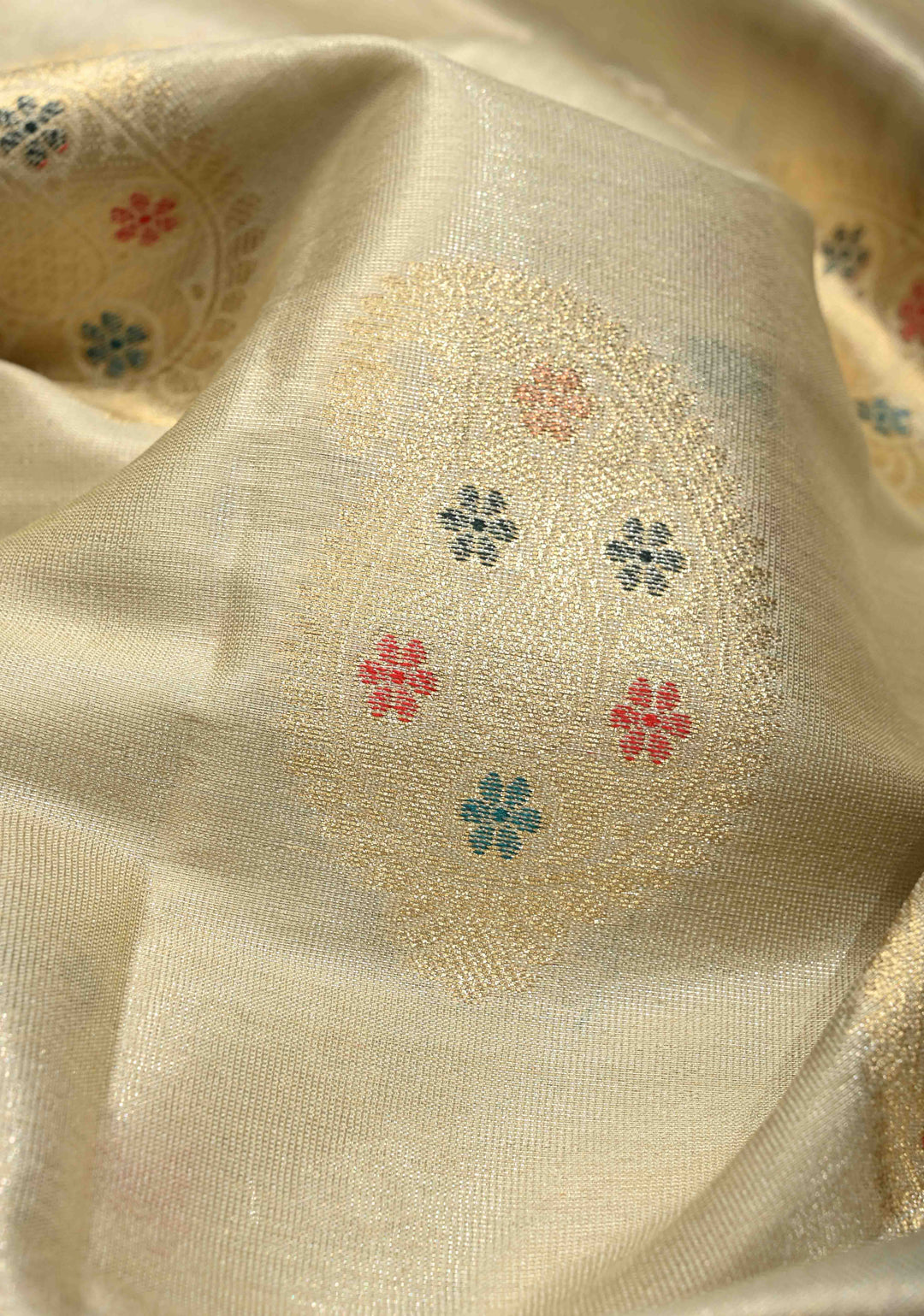 Off White Kanjivaram Tissue Semi Silk Saree with Meenakari Paisley Zari Buttas and Contrast Zari Border