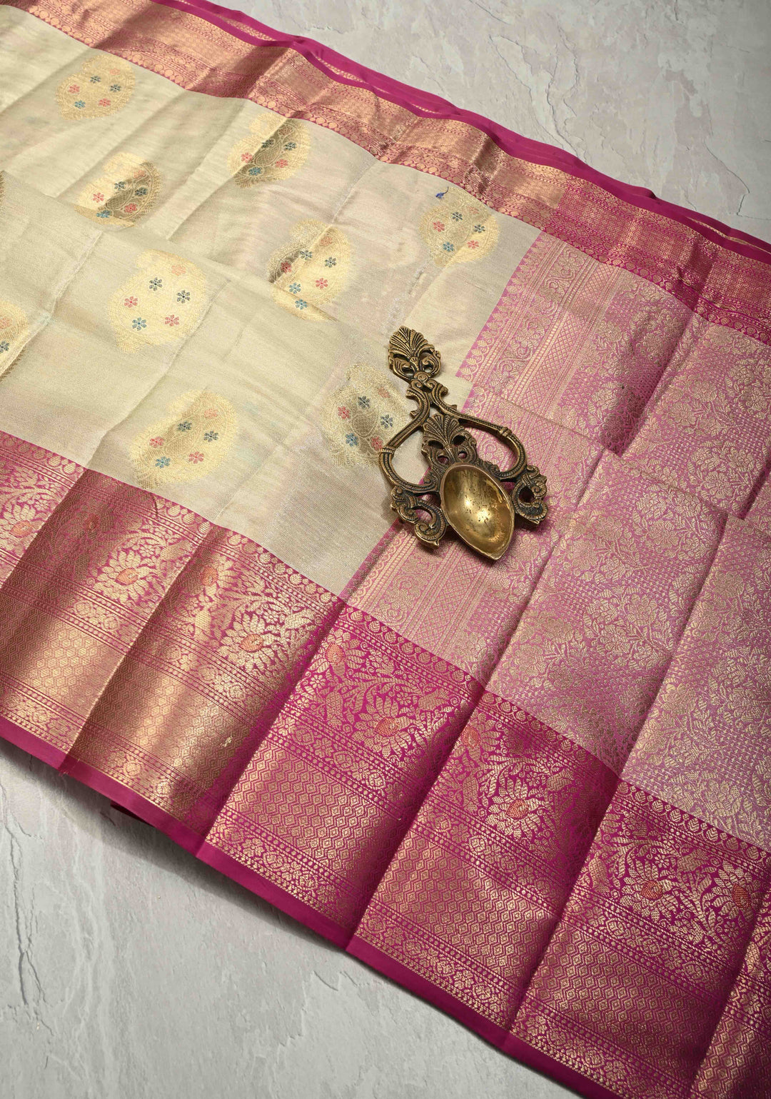 Off White Kanjivaram Tissue Semi Silk Saree with Meenakari Paisley Zari Buttas and Contrast Zari Border