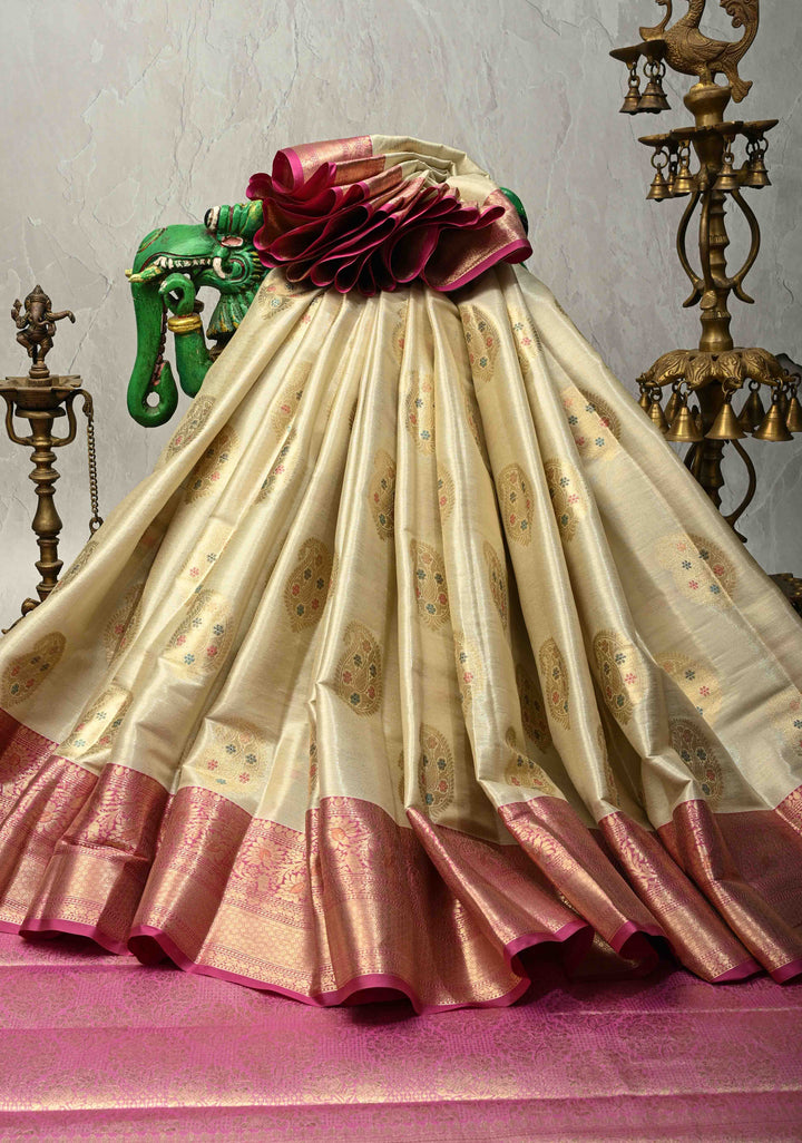 Off White Kanjivaram Tissue Semi Silk Saree with Meenakari Paisley Zari Buttas and Contrast Zari Border