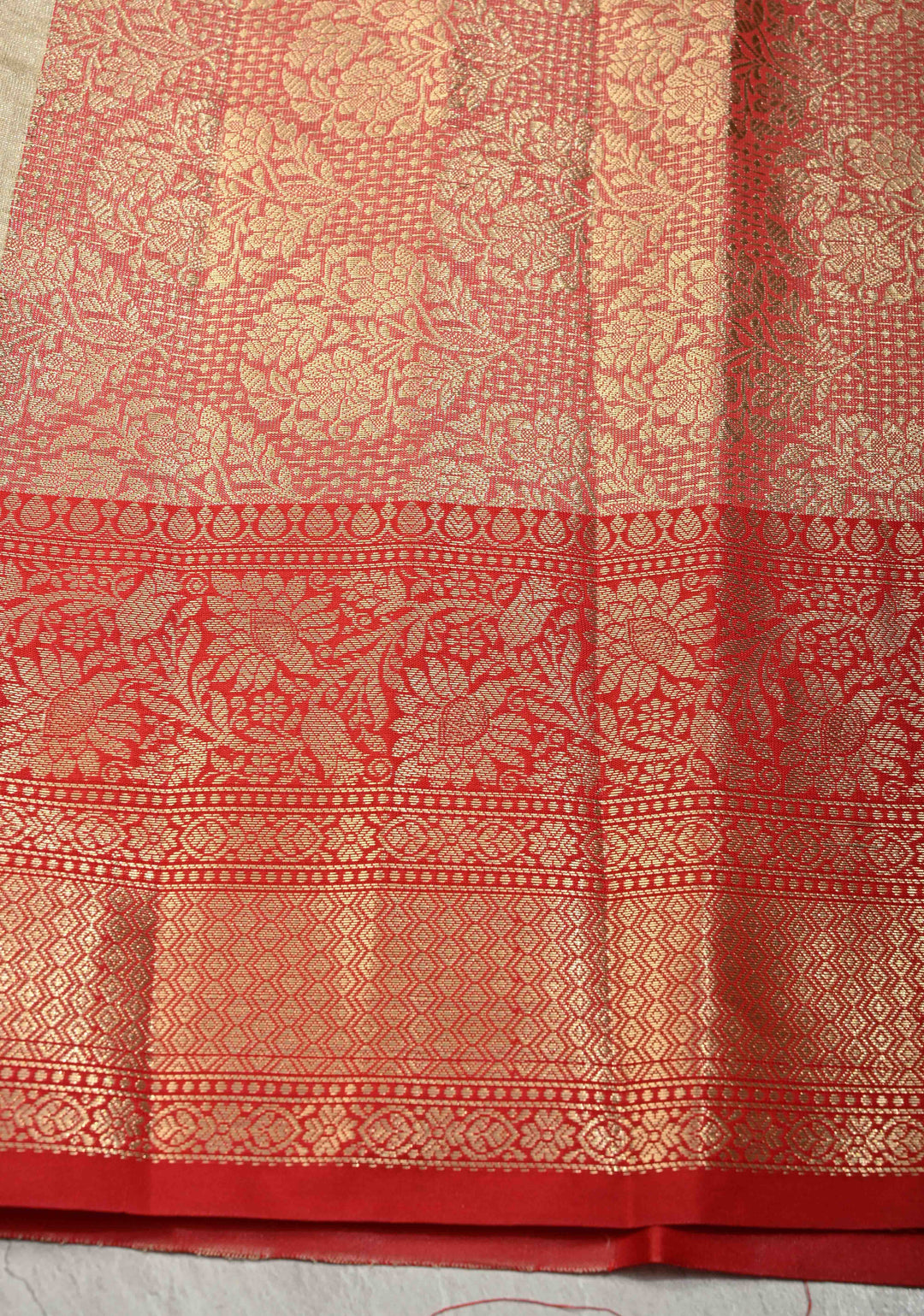 Beige Kanjivaram Tissue Semi Silk Saree with Meenakari Paisley Buttas and Contrast Zari Border