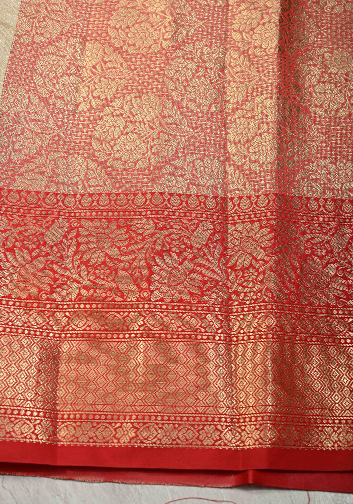 Beige Kanjivaram Tissue Semi Silk Saree with Meenakari Paisley Buttas and Contrast Zari Border