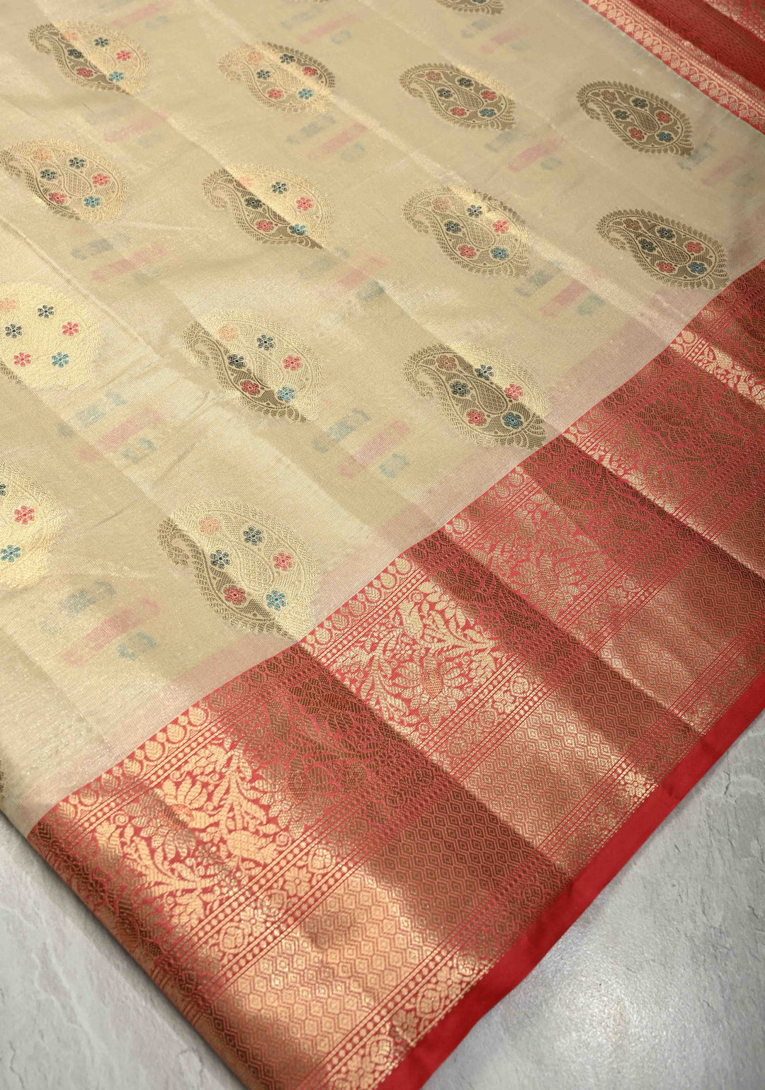 Beige Kanjivaram Tissue Semi Silk Saree with Meenakari Paisley Buttas and Contrast Zari Border