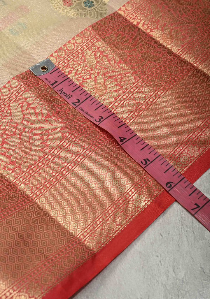 Beige Kanjivaram Tissue Semi Silk Saree with Meenakari Paisley Buttas and Contrast Zari Border