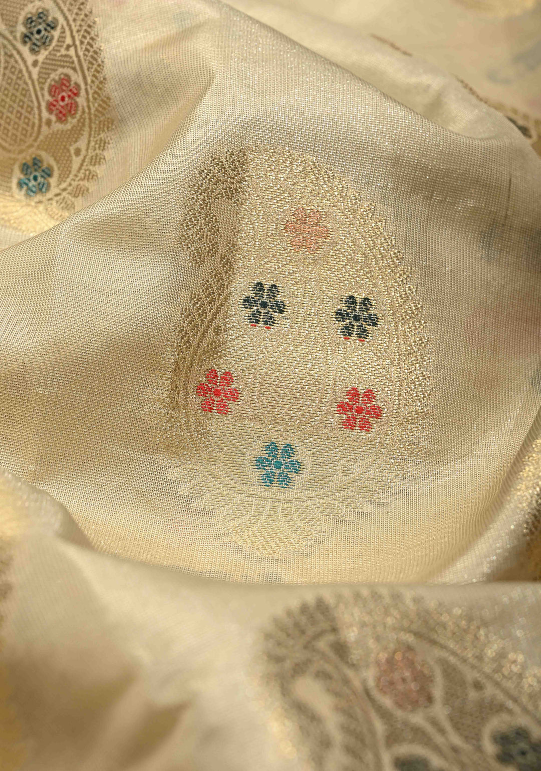 Beige Kanjivaram Tissue Semi Silk Saree with Meenakari Paisley Buttas and Contrast Zari Border