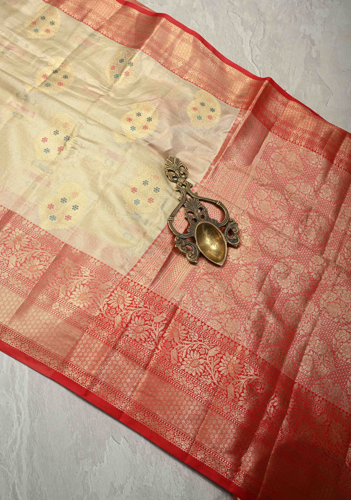 Beige Kanjivaram Tissue Semi Silk Saree with Meenakari Paisley Buttas and Contrast Zari Border