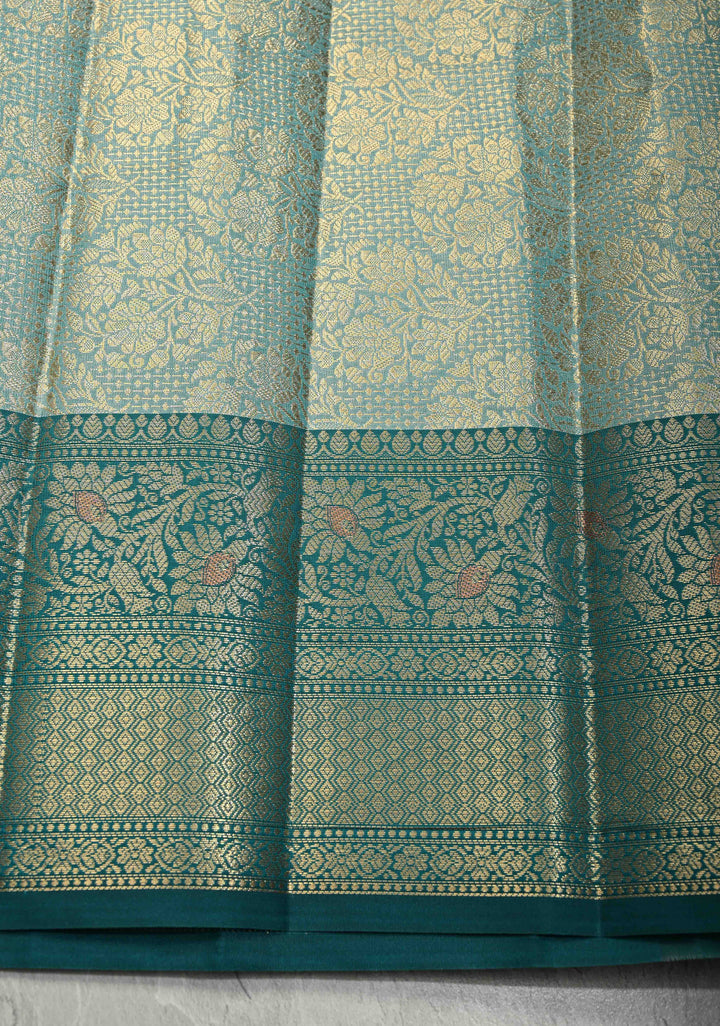 Beige Kanjivaram Tissue Semi Silk Saree with Meenakari Paisley Zari Buttas and Contrast Zari Border