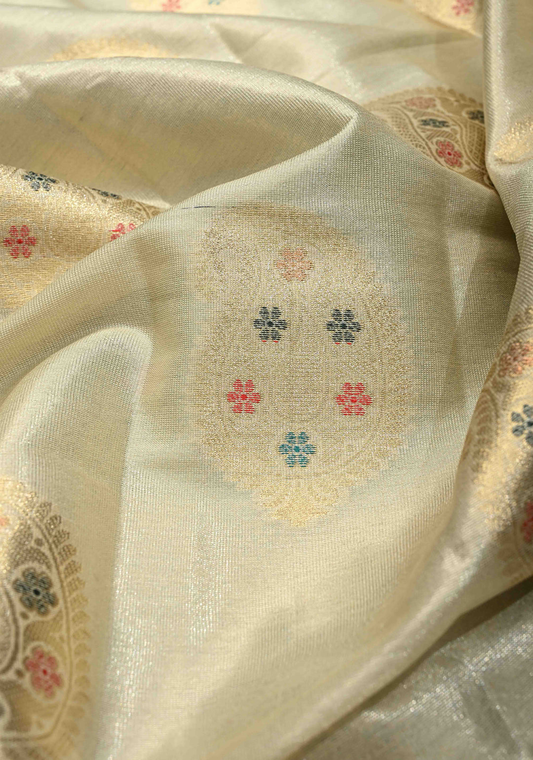 Beige Kanjivaram Tissue Semi Silk Saree with Meenakari Paisley Zari Buttas and Contrast Zari Border