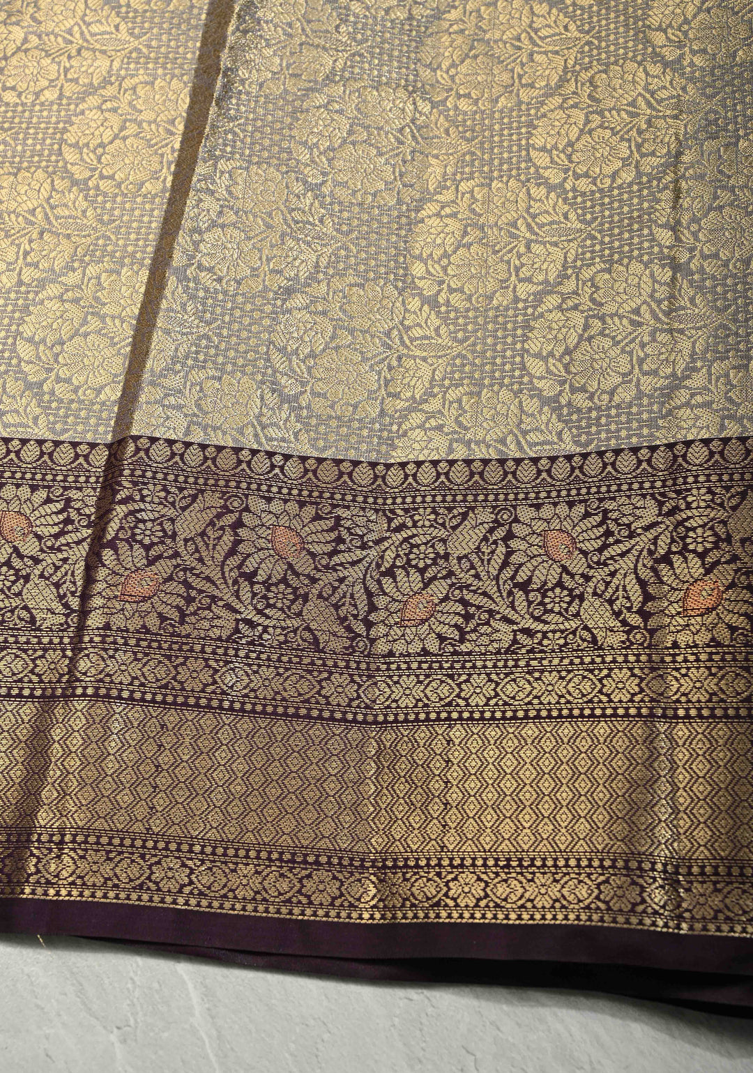 Cream Kanjivaram Tissue Semi Silk Saree with Meenakari Paisley Zari Buttas and Contrast Zari Border