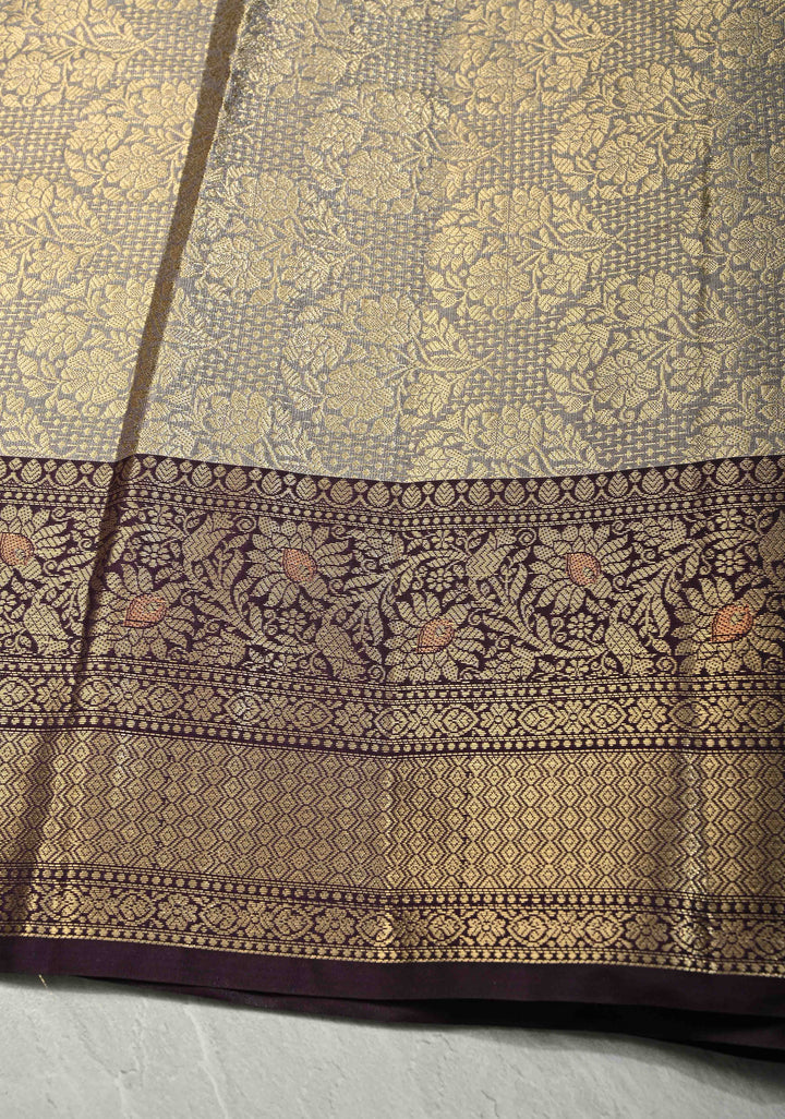 Cream Kanjivaram Tissue Semi Silk Saree with Meenakari Paisley Zari Buttas and Contrast Zari Border