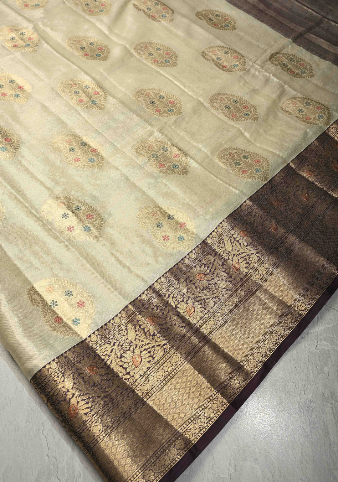 Cream Kanjivaram Tissue Semi Silk Saree with Meenakari Paisley Zari Buttas and Contrast Zari Border
