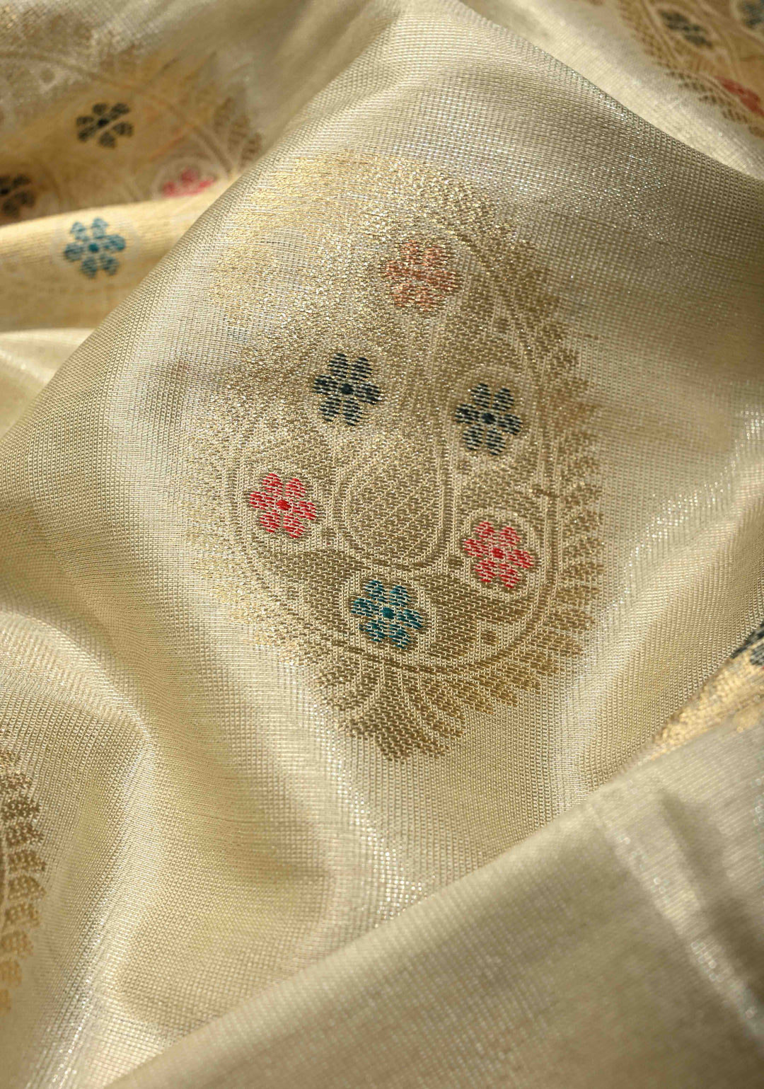 Cream Kanjivaram Tissue Semi Silk Saree with Meenakari Paisley Zari Buttas and Contrast Zari Border