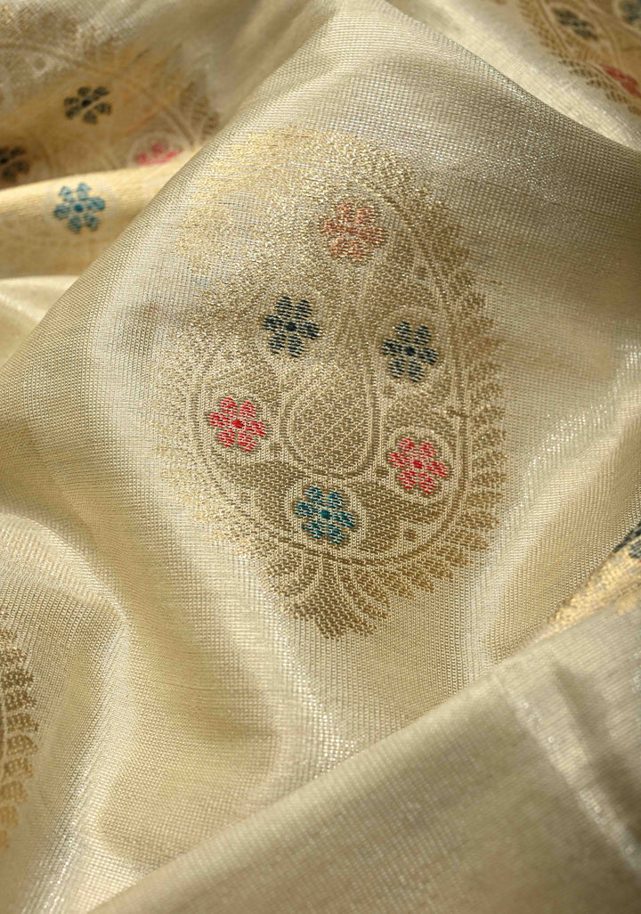 Cream Kanjivaram Tissue Semi Silk Saree with Meenakari Paisley Zari Buttas and Contrast Zari Border