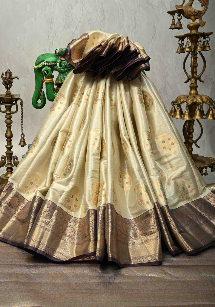Cream Kanjivaram Tissue Semi Silk Saree with Meenakari Paisley Zari Buttas and Contrast Zari Border