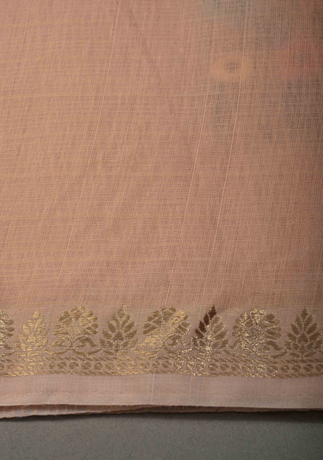 Soft Peach Blush Kota Doria Cotton Saree with Meenakari Floral Machine Embroidery and Minimal Zari Border | SHOBITAM