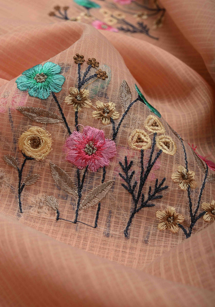 Soft Peach Blush Kota Doria Cotton Saree with Meenakari Floral Machine Embroidery and Minimal Zari Border | SHOBITAM