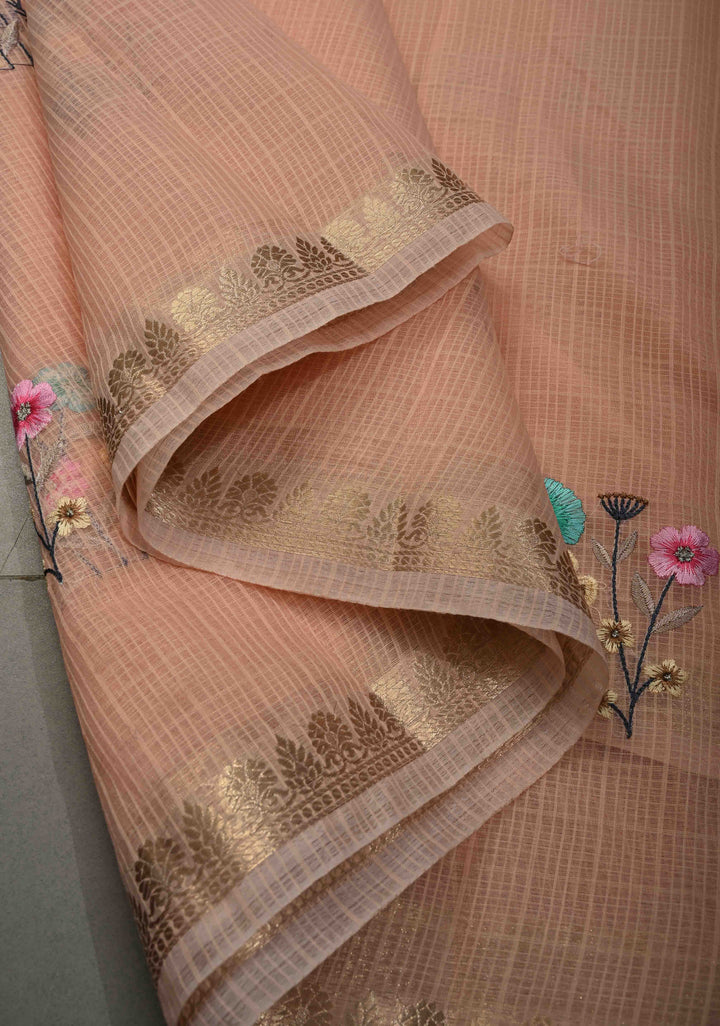 Soft Peach Blush Kota Doria Cotton Saree with Meenakari Floral Machine Embroidery and Minimal Zari Border | SHOBITAM
