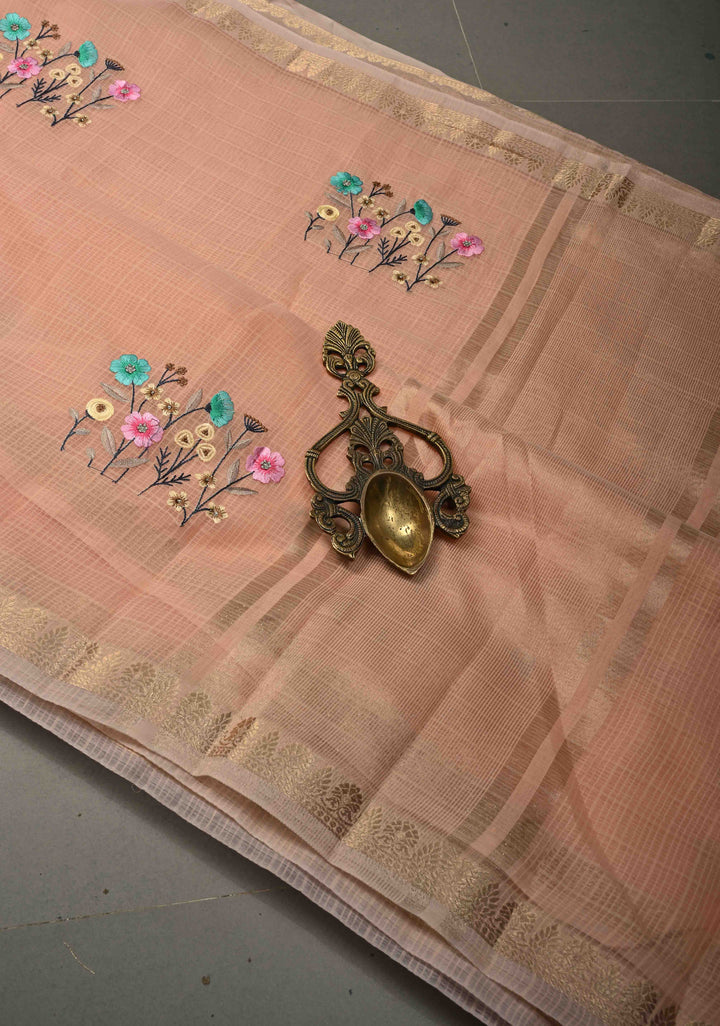 Soft Peach Blush Kota Doria Cotton Saree with Meenakari Floral Machine Embroidery and Minimal Zari Border | SHOBITAM