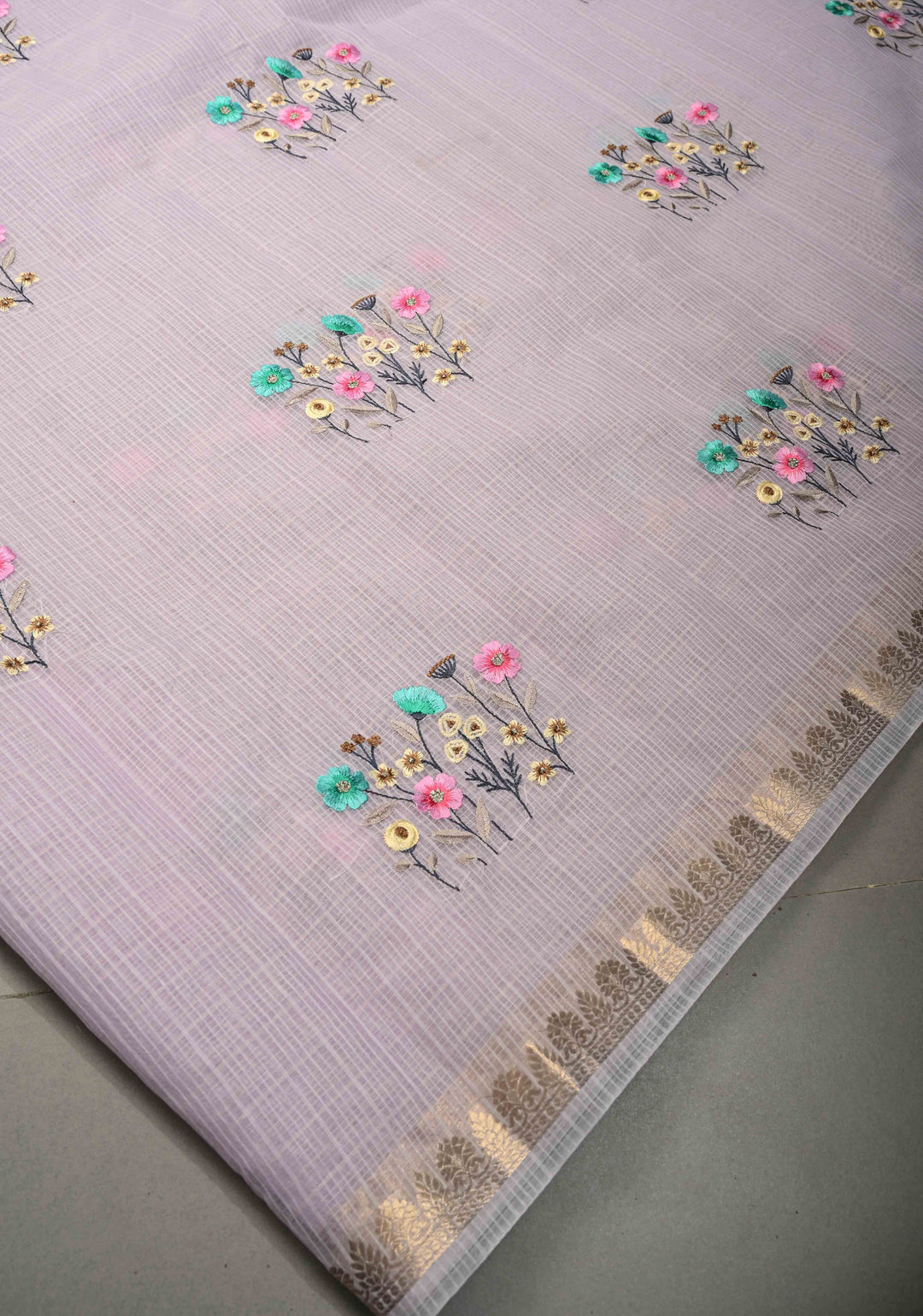 Lilac Kota Doria Cotton Saree with Meenakari Floral Machine Embroidery and Minimal Zari Border