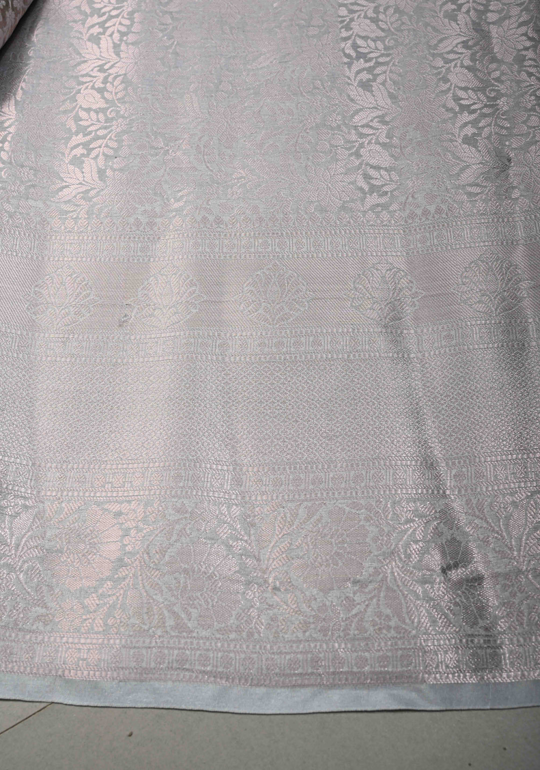 Clody Gray Floral Digital Print on Banarasi Semi Silk Saree with Muted Zari Chevron Design and Wide Zari Border | SHOBITAM