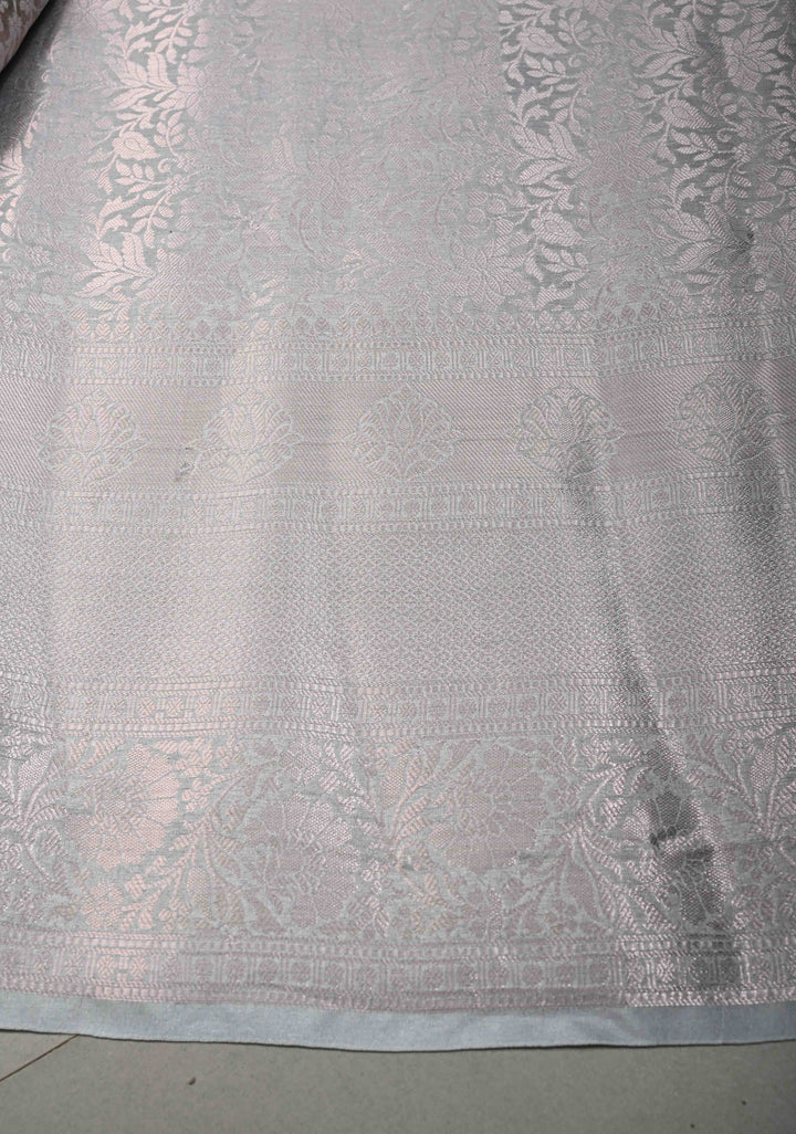 Clody Gray Floral Digital Print on Banarasi Semi Silk Saree with Muted Zari Chevron Design and Wide Zari Border | SHOBITAM