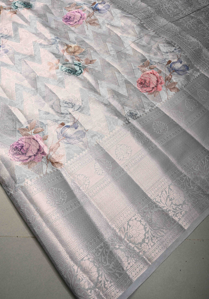 Clody Gray Floral Digital Print on Banarasi Semi Silk Saree with Muted Zari Chevron Design and Wide Zari Border | SHOBITAM