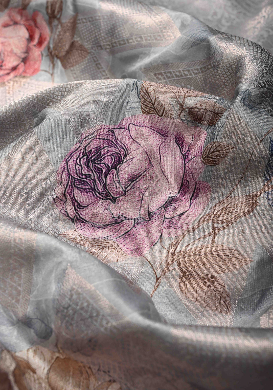 Clody Gray Floral Digital Print on Banarasi Semi Silk Saree with Muted Zari Chevron Design and Wide Zari Border | SHOBITAM